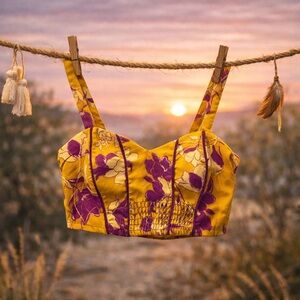 BOG Collective Mustard Floral Smocked Crop Top | Boho Bralette | Size XS